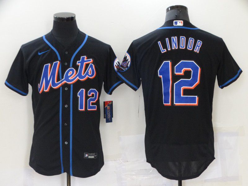 Men New York Mets 12 Lindor Black Elite 2021 Nike MLB Jersey